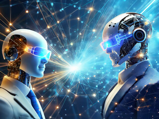 Obraz premium テクノロジーの概念で人工知能を搭載した人型ロボットと光の背景