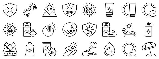 Icon set about sun protection. Line icons on transparent background with editable stroke.
