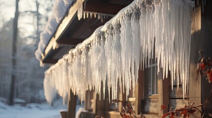 Nature's winter jewelry, adding a touch of wonder to the cozy retreat. Icicles, winter, log cabin, eaves, enchanting, frosty, rustic beauty, nature's adornment. Generated by AI.