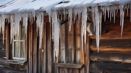 Nature's frozen art, enhancing the cabin's rustic appeal. Icicles, winter, log cabin, eaves, quaint, glistening, frosty, natural artistry. Generated by AI.