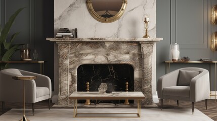 A marble fireplace with a polished bronze mantle. AI generated - obrazy, fototapety, plakaty