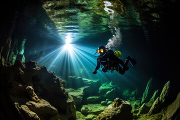 Scuba diver exploring cave. Extreme sports