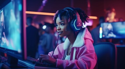  girl streamer playing online fighting with Esport skilled team wearing headphones in neon color...