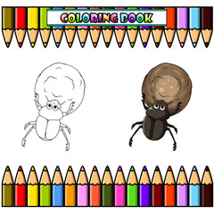 Dung beetle cartoon with a big ball of poop for coloring book