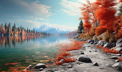 Beautiful autumn landscape with lake - obrazy, fototapety, plakaty