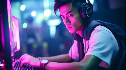 Creating gaming content, young male live streaming a video game in neon lights with a camera.  generative ai 