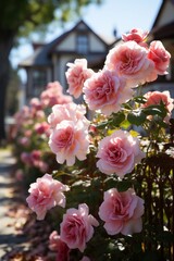  Front yard with a classic picket fence and roses, Generative AI