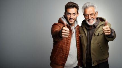 Fototapeta premium Portrait of a senior man and his adult son showing thumbs up isolated.