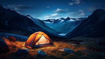 neon lights camping in the mountains