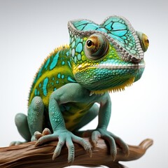 Obraz premium Green chameleon on a branch on white background