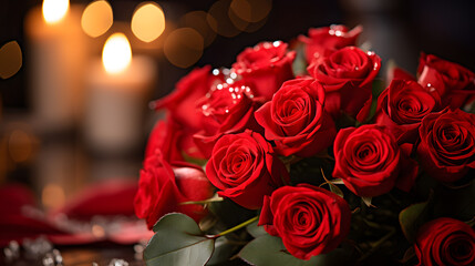 a bouquet of red roses, with soft candlelight as the background context, during a romantic dinner 