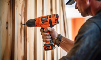 Construction worker is drillig with a battery drilling machine