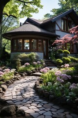 Fototapeta premium Welcoming front yard with a winding stone pathway, Generative AI