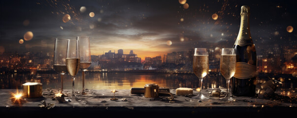 Happy New Year concept, glasses with sparkling champagne, amazing fireworks backgorund