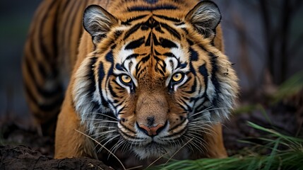 Near up of the confront of an Amur Tiger Panthera tigris altaica, too called a Siberian tiger, with detail of the hide markings and eyes