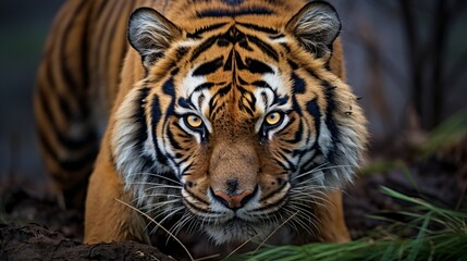 Fototapeta premium Near up of the confront of an Amur Tiger Panthera tigris altaica, too called a Siberian tiger, with detail of the hide markings and eyes