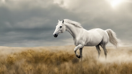 Obraz na płótnie Canvas Forza e Bellezza- Corsa di un Cavallo Bianco nella Prateria