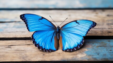 Near up see of butterfly on a blue wooden boards