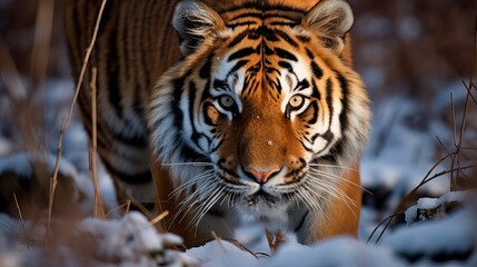 Obraz premium Near up of the confront of an Amur Tiger Panthera tigris altaica, too called a Siberian tiger, with detail of the hide markings and eyes