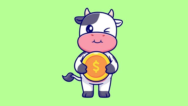 cute cow holding gold coin cartoon vector icon illustration animal finance icon concept isolated animation. Future Investment Saving passive income 4k