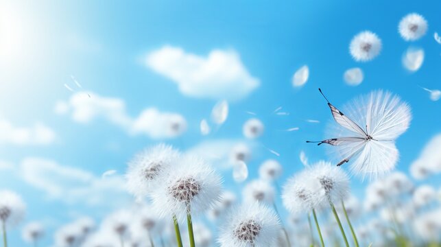 Fototapeta Normal pastel foundation. Morpho butterfly and dandelion. Seeds of a dandelion blossom on a foundation of blue sky with clouds. Duplicate spaces