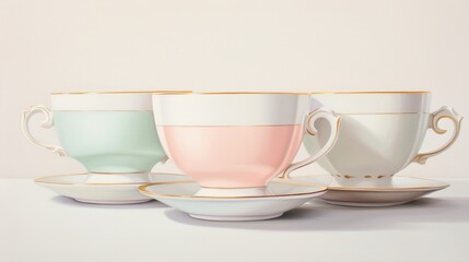 A trio of pastel-colored tea cups, in shades of peach, mint, and lilac, gracefully aligned on a white canvas.