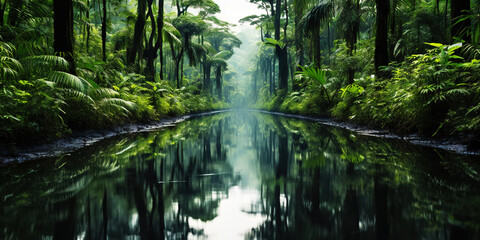 Fototapeta na wymiar Tropical rainforest around river covered with mist. Generative AI