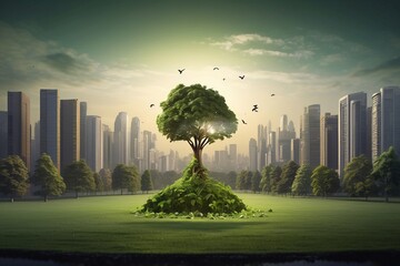 Sustainable environment concept. The image depicts human thinking towards preserving nature, reducing carbon footprint and building sustainable urban community for green future. Generative AI. - obrazy, fototapety, plakaty