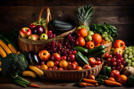  a scene that depicts an assortment of fresh, locally sourced fruits and vegetables spilling out of wicker baskets.