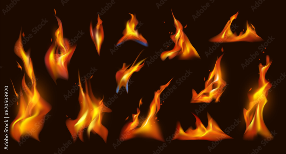 Poster fire burning, isolated flames effect with tongues and sparks. vector realistic ignition and flaming 