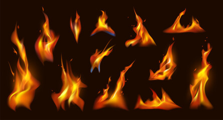 Fire burning, isolated flames effect with tongues and sparks. Vector realistic ignition and flaming effect, blowing wind on fiery lightning or hot light in motion, bonfire or blaze