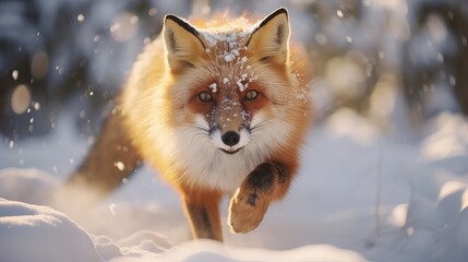 Ruddy Fox bouncing, Vulpes vulpes, natural life scene. Orange hide coat creature chasing within the nature living space. Fox hop on the green timberland knoll with to begin with snow.