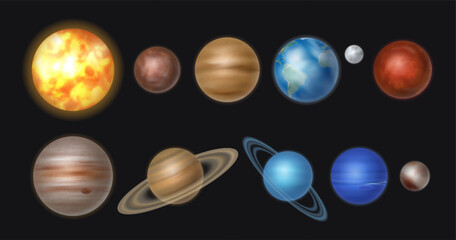 Planets of solar system in row, isolated celestial bodies. Vector realistic Sun and Mercury, Venus and Earth, Moon and Mars, Jupiter and Saturn, Neptune and Uranus, pluto and moon © Sensvector
