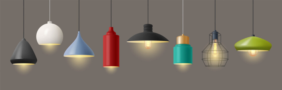 Lamp For Home Decoration, Isolated Pendant Light For Interior Design. Vector Realistic Shade And Bulbs, Loft And Classic Style, Modern And Contemporary Models Of Illumination For Houses