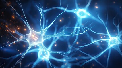 Naklejka na ściany i meble Neuron cells, glowing links, nervous system, neural marvel, captivating journey, electrical communication. Generated by AI.