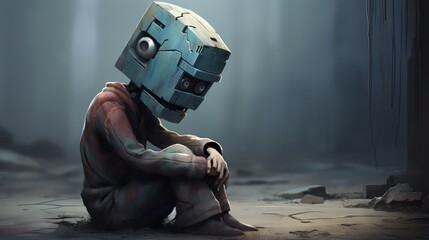 An emotional depiction of a sad and lonely robot with a moody face, conveying feelings of pain and loneliness - obrazy, fototapety, plakaty