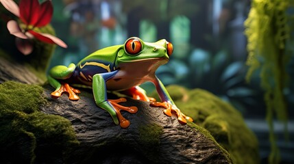 Red-eyed Tree Frog, Agalychnis callidryas, sitting on the green take off in tropical woodland