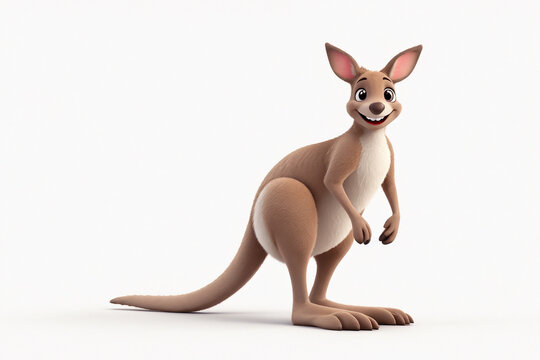 Adorable 3d rendered cute happy smiling and joyful kangaroo cartoon character on white backdrop