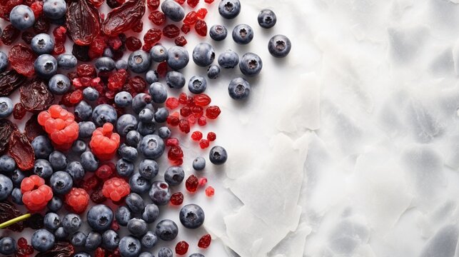 A vibrant image of dried berries: cranberries, blueberries, and goji, sprinkled on a light marble surface.