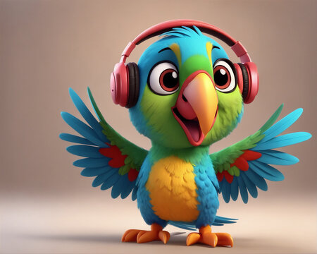 Adorable 3d rendered cute happy smiling and joyful singing and dancing colorful parrot cartoon character