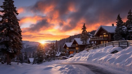 Unused Year lighting.Log cabins gleaming within the sunset encompassed by snow