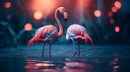 Two flamingos couple standing in lake, daydream mysterious charmed pixie story scene with match of exquisite winged creatures, tall tale blossoming pink rose bloom cultivate on secretive - obrazy, fototapety, plakaty