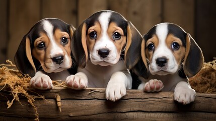 Three charming beagle puppies lying in a wicker bushel on a dim wooden foundation with weaving balls