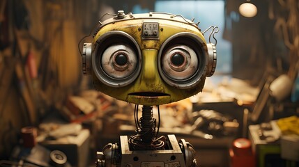 Fototapeta premium A surprised AI robot facing the camera with adorable big eyes and a futuristic appearance, symbolizing the future of technology and smart machines.