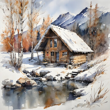 Watercolor illustration of a mountain village in winter