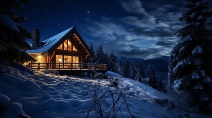 Snow capped cabin within the snow at night