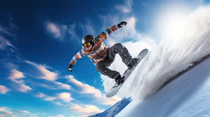 Fotobehang Extreme sports, winter thrill, high-flying, snowboarding action, skydiving, snow adventure, exhilaration. Generated by AI. © Anastasia