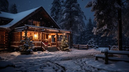 Wood log cabin on a winter evening with snow falling and shining patio light