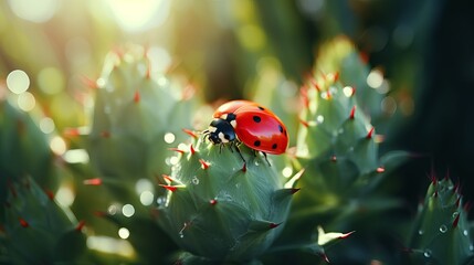 Wonderful succulent takes off, twist plants, two ladybirds large scale gleams in sun on dull green soaked foundation outside. Backdrop - imaginative picture of immaculateness and delicacy