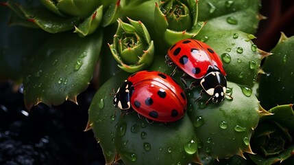 Wonderful succulent takes off, twist plants, two ladybirds large scale gleams in sun on dull green soaked foundation outside. Backdrop - imaginative picture of immaculateness and delicacy